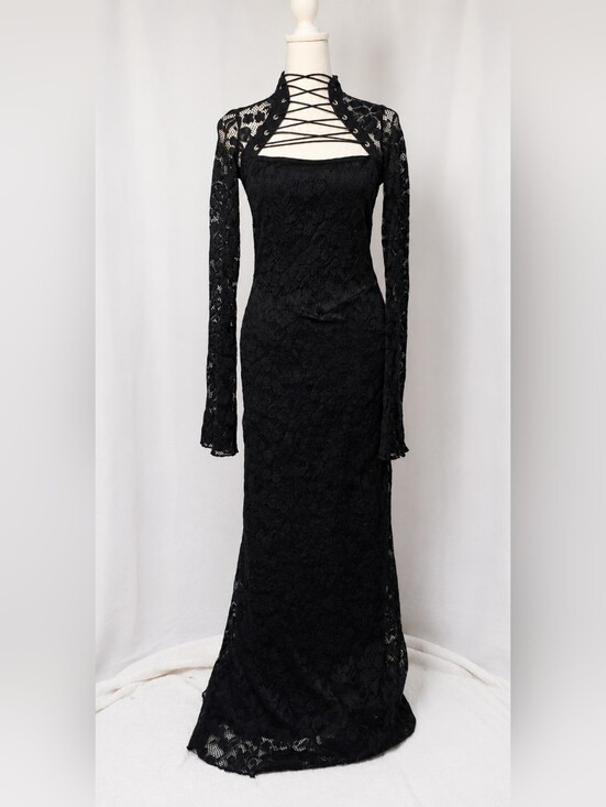 Lip Service Dresses & Skirts - Vintage Lip Service Black Lace Goth Maxi Dress Lace-Up Front Bell Sleeve Size L